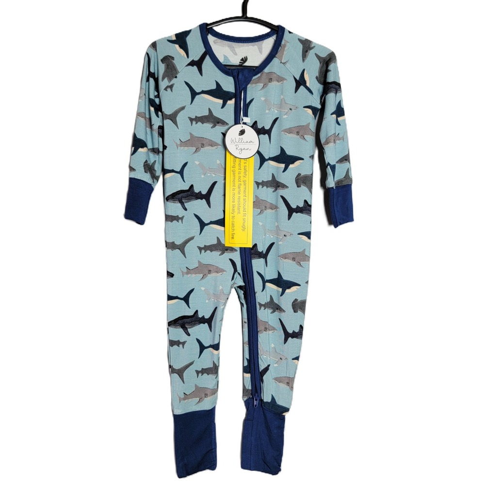 William & Ryan Shark Bamboo Viscose‎ Convertible Romper Sleeper Blue 3-6M NWT